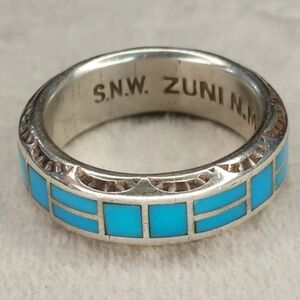 Signed Native American Zuni Turquoise Inlay Ring Sterling 925 - 7.75 - Unique!